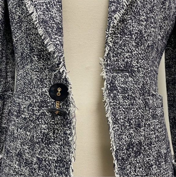 Tweed Fringe Trim Blazer-Navy Blue & White- Timeless Style - Picture 16 of 16